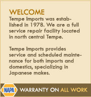 tempe imports provides auto repair, service and maintenance of imports and domestic vehicles specializing in Japanese imports including honda, toyota, nissan